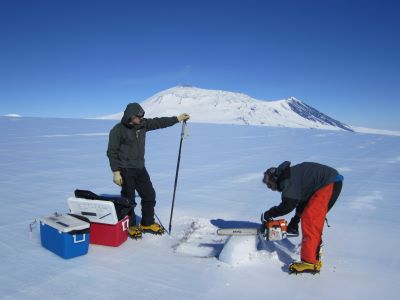 Cutting ice sample.