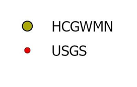 Legend for groundwater monitoring map: green markers indicate Healy Collaborative monitoring locations; red markers indicate U.S. Geological Survey locations.