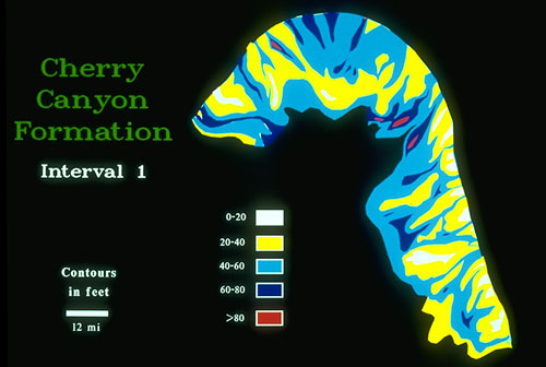 Isopach map showing thickness of sands in the lower Cherry Canyon Fm.