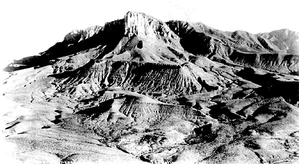 Oblique aerial photograph of El Capitan and the southern end of the Guadalupe Mountains.