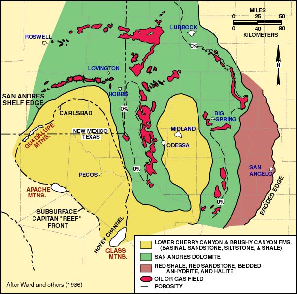 Inferred distribution of depositional facies in the lower Guadalupian strata of the Permian basin.