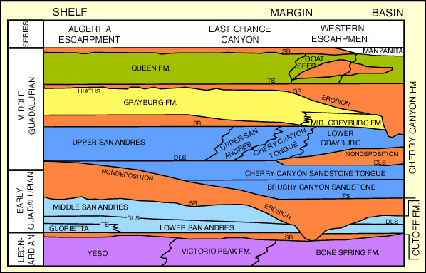 Standard stratigraphic nomenclature of the Permian strata exposed in the Guadalupe Mountains.